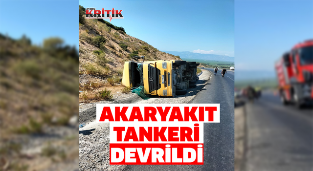 Akaryakıt tankeri devrildi, yakıt sızıntısının alev almaması için ekipler yoğun çaba sarf etti